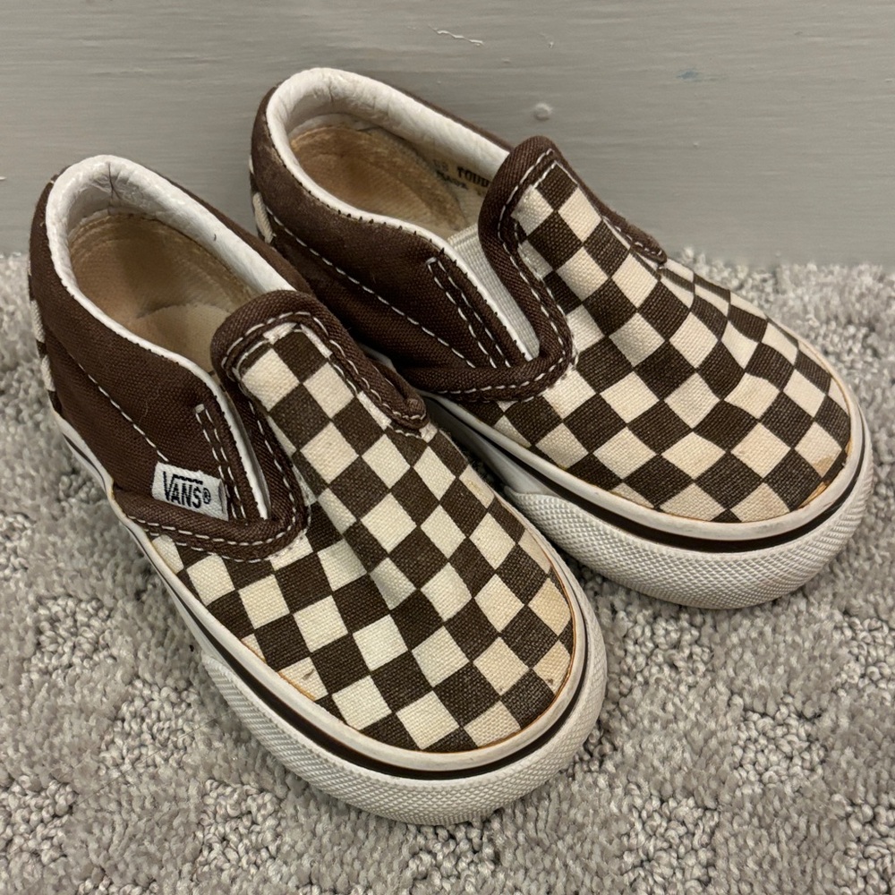 Vans Kids Brown and White Checkered Slip-On Sneakers